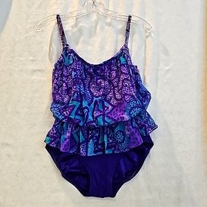 Women's 10 Vintage Rose Marie Reid Purple and Turquoise swim suit blouson